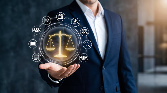 Legal technology concept hand of a lawyer holding glowing scales of justice and law icons