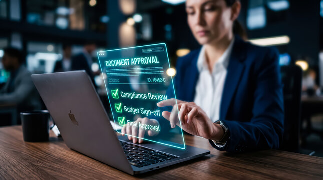 Businesswoman interacts with holographic document approval system, showcasing future technology in a modern office environment
