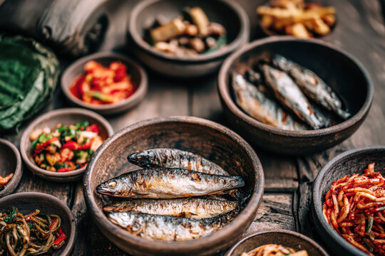 Traditional Korean Cuisine with Grilled Fish and Fermented Side Dishes &ndash; AI Generative