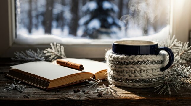 Steaming mug in a knitted sleeve next to an open book on a wooden windowsill. Winter forest landscape visible through window with cinnamon details. Hygge lifestyle and seasonal comfort concept.