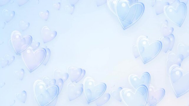 Dreamy blue crystal hearts floating gracefully on a soft heavenly background in a seamless motion for romantic wedding atmosphere.