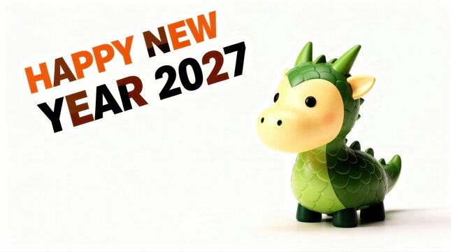 Cute green dragon figurine standing next to Happy New Year 2027 text. Stylized character on clean white background for seasonal celebrations. Future planning and holiday greeting card concept.