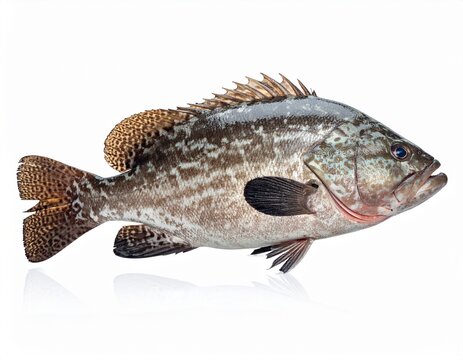 Whole fresh raw grouper fish with spotted skin isolated on white background