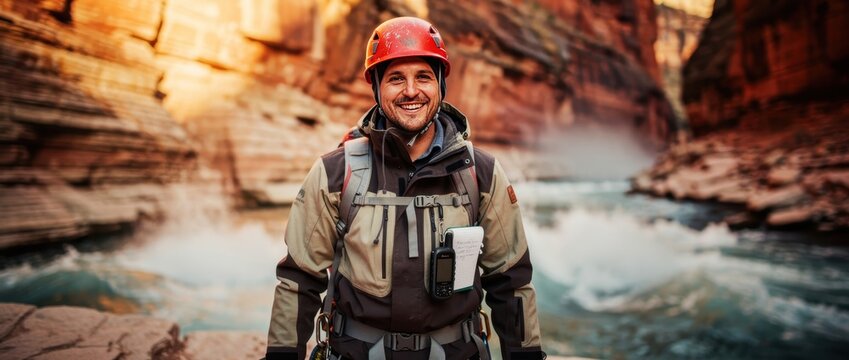 Man in climbing gear smiling by canyon river. Adventurer posing with professional safety equipment and backpack. Adventure tourism concept for outdoor marketing and extreme sports campaigns.