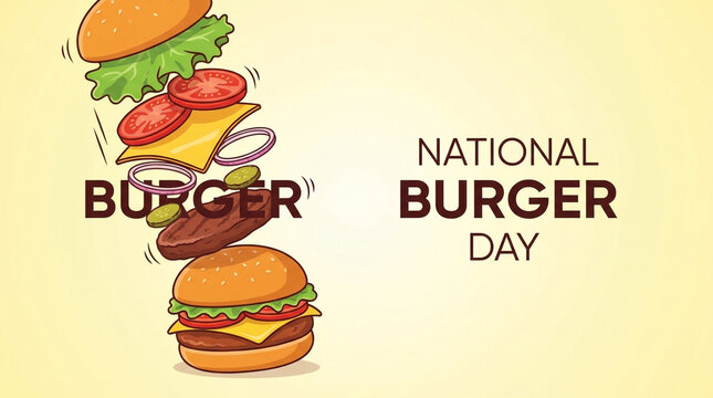 National Burger Day celebration concept, animated cartoon cheese hamburger exploding with fresh ingredients, fun illustration design for fast food marketing