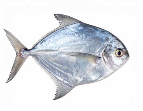 Whole fresh raw silver pomfret fish with metallic skin isolated on white