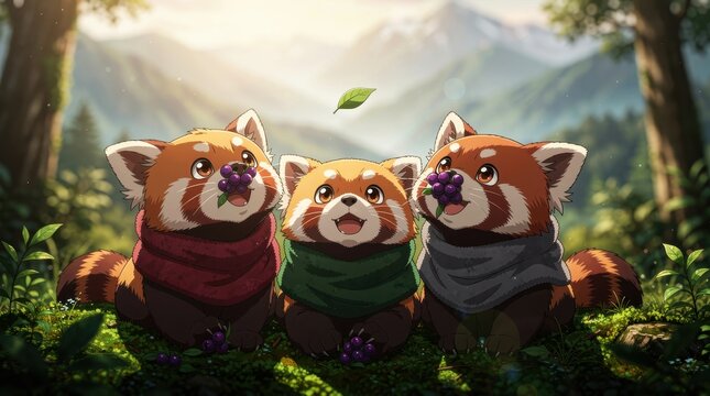 Three cute red pandas wearing scarves eating berries in a forest. Digital art featuring adorable animals in a mountain landscape. Nature friendship concept, ideal for kids media or greetings.