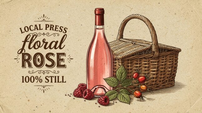 Bottle of floral rose wine with a wicker picnic basket and fresh berries. Vintage illustration on textured paper featuring raspberries and rose hips. Artisanal beverage concept for summer branding.