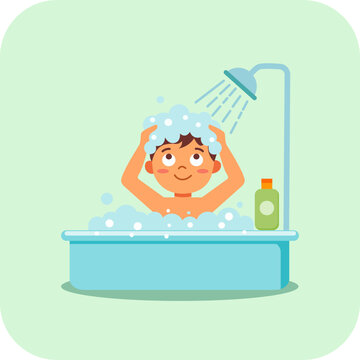 happy boy washing shampooing hair in bathtub under falling water shower stream vector illustration.
