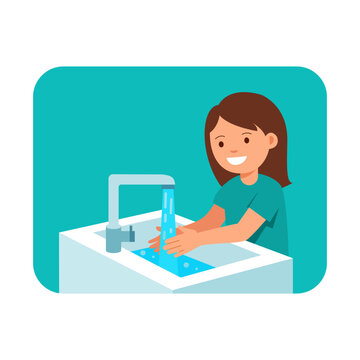 cute little girl washing hands thoroughly with water at bathroom sink for hygiene healthcare vector.