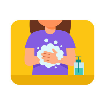 close up hands washing with foaming liquid soap dispenser bottle for proper sanitation hygiene vector