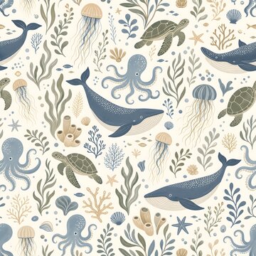 Muted ocean sea life seamless pattern with blue whale octopus sea turtle jellyfish seaweed sea animal illustration for kids bathroom wallpaper pod fabric packaging
