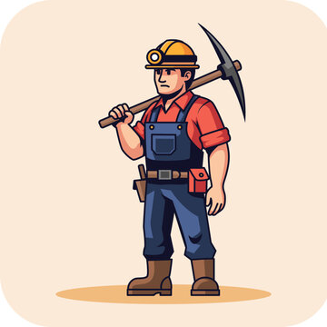 hardworking male miner holding heavy pickaxe tool wearing safety helmet and protective work uniform vector