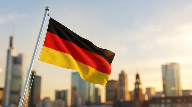 National flag of Germany waving on silver pole with blurred Frankfurt city skyline background at sunset