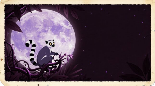 Ring-tailed lemur sitting on a vine against a giant full moon. Whimsical night illustration featuring purple tones and a starry sky background. Wildlife fantasy concept for kids' book projects.