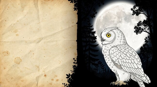 White owl in dark forest under moon. Illustration with vintage parchment paper and night woods. Fantasy theme for spooky invitations and storytelling.