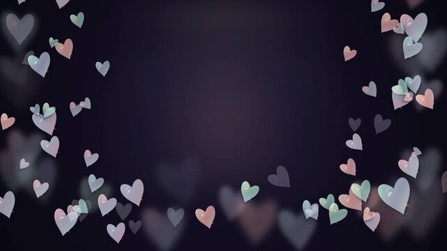 Dreamy pastel CGI hearts floating to form an abstract frame on a dark purple background for romantic wedding and Valentine celebration themes
