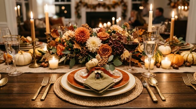 Elegant Thanksgiving dinner table setting with floral centerpiece and warm candlelight