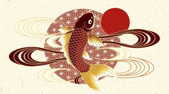 Traditional Japanese koi fish illustration jumping in front of a red sun. Artistic carp design with geometric patterns and water swirls on textured paper. Oriental art style for zen-themed projects.