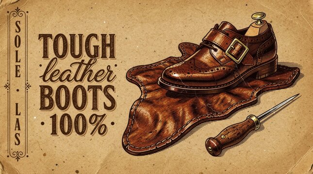 Vintage illustration of a leather monk strap shoe and cobbler tools. Classic brogue footwear rests on hide next to an awl with retro typography. Handcrafted leather goods concept for artisan fashion.