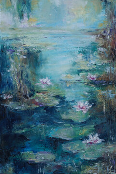 Impressionist Oil Pastel Painting of Lotus Pond with Pink Water Lilies
