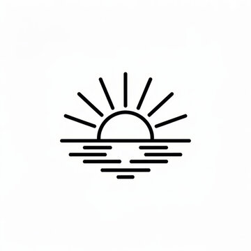 Minimalist black and white line art sun rising over horizontal lines.