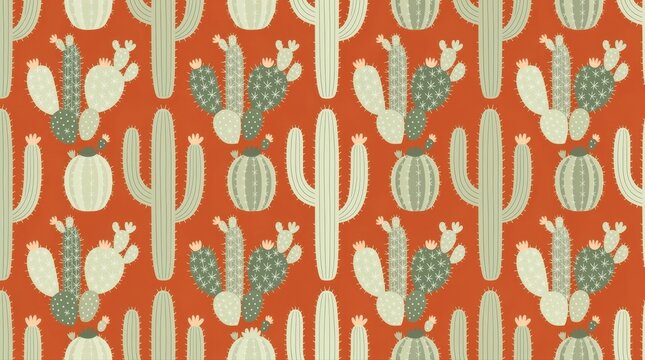 Seamless cactus pattern on terracotta background. Modern desert botanical illustration with saguaro and prickly pear. Southwestern design for textile and wallpaper applications.