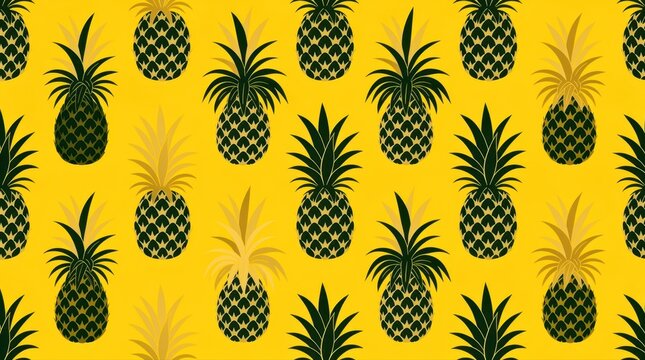 Seamless pattern of stylized pineapples on a yellow background. Tropical fruit illustration repeating in a grid layout. Summer aesthetic ideal for textile design and digital backgrounds.