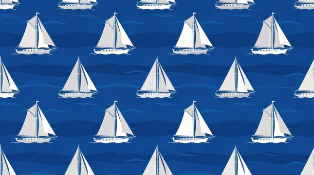 Seamless pattern of white sailboats on blue ocean. Minimalist vector illustration of repeating nautical vessels and waves. Nautical theme for textiles, packaging, and summer branding.