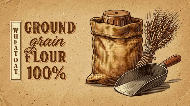 Vintage illustration of burlap sack of ground flour with metal scoop and wheat ears. Retro engraved design on textured craft paper. Rustic farming concept ideal for artisanal bakery branding.