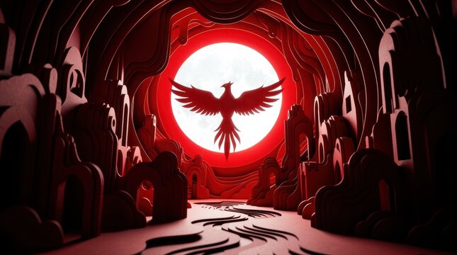 Phoenix silhouette flying before a full moon in a red paper-cut cave. Digital layered papercraft art with mythical firebird. Rebirth theme for creative backgrounds and storytelling.