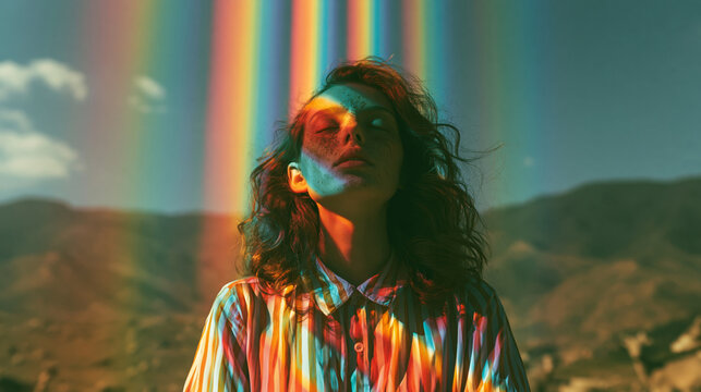 Woman portrait with colorful rainbow light and freckled face in dreamy mountain landscape
