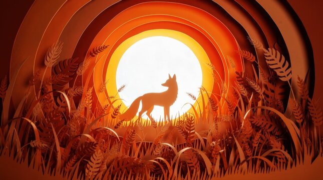 Fox silhouette standing in wheat field at sunset. Layered paper cut art with orange concentric circles and foliage. Creative papercraft nature concept, ideal for autumn storytelling and design.