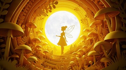 Fairy silhouette standing in a magical papercut forest with mushrooms. Golden layered paper art featuring a full moon and botanical elements. Fantasy storytelling concept for mystical designs. © DEVRIESTHOMAS MAARTE
