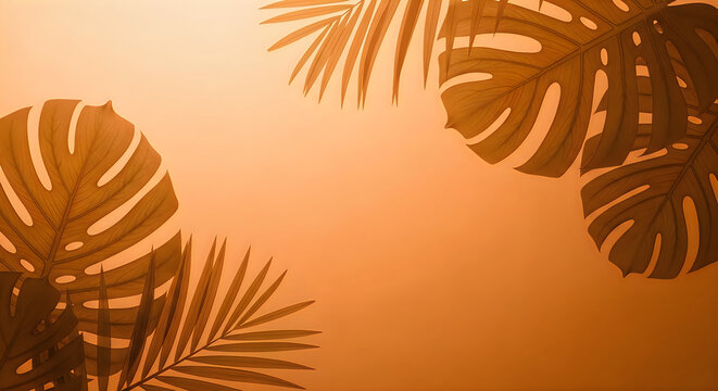Abstract background featuring soft shadows of tropical monstera and palm leaves cast on a warm golden orange wall surface