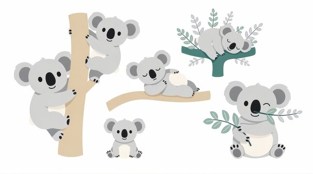 Cute cartoon koala characters climbing and sleeping. Flat vector illustration of Australian wildlife with eucalyptus. Nursery decor concept, ideal for children's media and stickers.