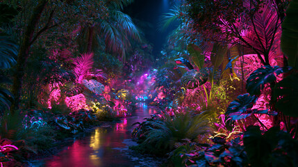 Obraz premium Neon-lit tropical jungle path with glowing plants, mist and colorful fantasy lighting