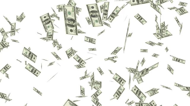 Money rain 4K overlay isolated chroma key and luma matte. US dollar falling isolated motion graphic video. Money explosions flying down animation.