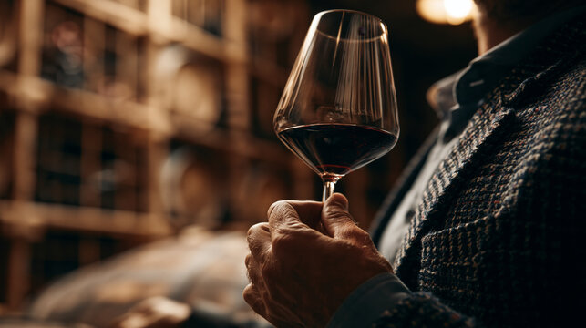 Man enjoying red wine tasting in a dimly lit cellar surrounded by oak barrels and vintage charm