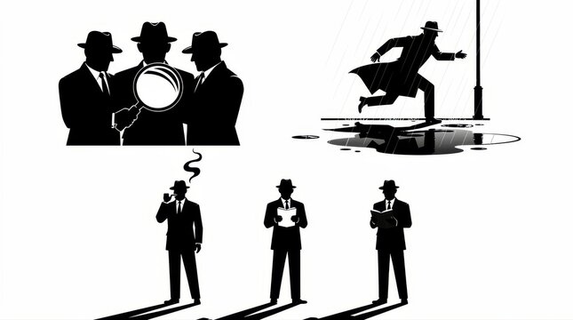 Silhouette set of detectives and investigators in various poses like running and searching. Men in fedora hats performing spy activities. Noir mystery and crime investigation concept.