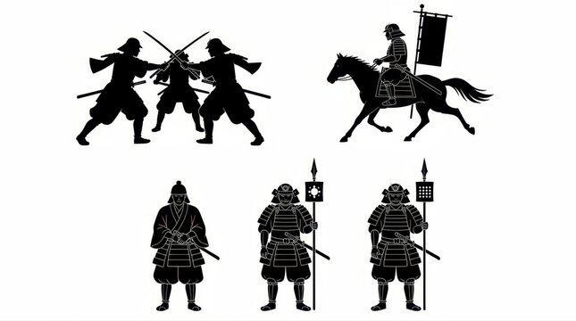 Samurai silhouettes in combat and riding poses. Figures feature traditional armor and weapons. Japanese bushido concept for cultural graphics.