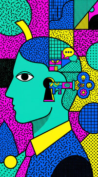 Human head with keyhole and stylized key on abstract graffiti background. Unlocking potential, psychology games concept. Neo-memphis art illustration for poster, banner