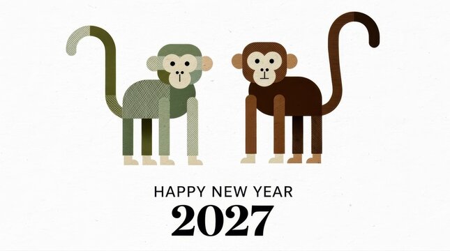 Stylized geometric monkeys with Happy New Year 2027 text. Modern minimalist vector illustration on white textured background. Festive greeting card design for holiday marketing and celebrations.