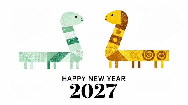 Two stylized snakes face each other above Happy New Year 2027 text. Geometric patterns and earth tones decorate the animals against white. Lunar New Year concept for 2027 Year of the Snake marketing.