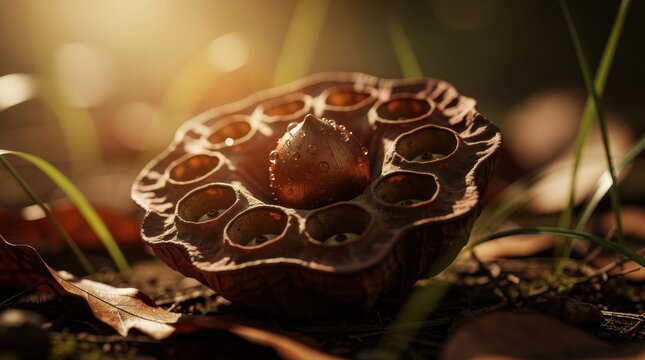 Dried lotus pod with seed on forest floor in warm light. Macro showing dew drops on a nut among autumn leaves. Nature growth and decay concept, ideal for environment and seasonal marketing.