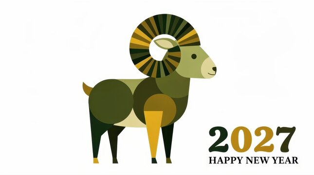 Stylized geometric ram illustration with 2027 Happy New Year text. Earthy green and gold goat design featuring circular shapes on a white background. Lunar zodiac concept for 2027 marketing.