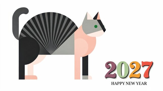 Geometric cat illustration with Happy New Year 2027 text. Minimalist abstract feline design using basic shapes and textured colors. Festive animal greeting concept for 2027 holiday marketing.