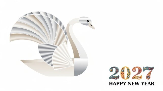 Stylized origami swan illustration with Happy New Year 2027 text. Elegant silver and white paper craft bird on plain background. Festive greeting card concept for annual celebrations.