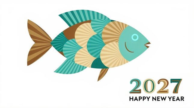 Stylized geometric fish illustration with 2027 Happy New Year text. Modern flat design using teal and brown tones with fan patterns. Festive greeting card concept for future holiday marketing.