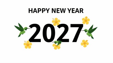 Naklejka premium Happy New Year 2027 text with hummingbird and flower graphics. Festive nature-themed illustration on clean white background. Tropical celebration concept, ideal for holiday cards and social media.